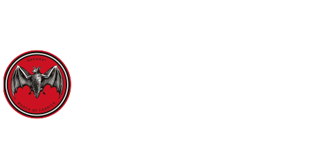 The Bacardi logo shows a black bat with outstretched wings inside a red circle with a gold border with white lettering.